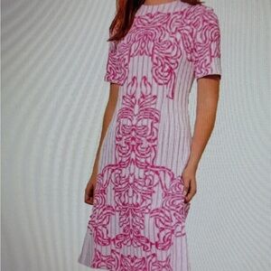 Ming Wang Pink and White Patterned Short-Sleeve Midi Dress